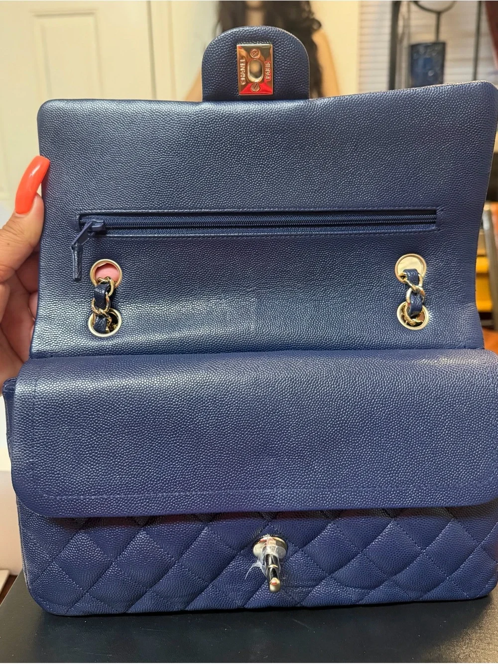 Chanel Classic Double Flap Bag in Dark Blue (Navy) Caviar Leather with Silver Ha